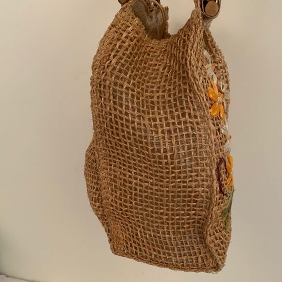 Boho Burlap Bamboo Flowers Large Shopper Tote Handbag Purse Satchel - Picture 4 of 8